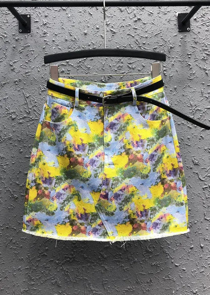 Handmade Yellow Print Pockets Patchwork Denim Skirt Summer Ada Fashion