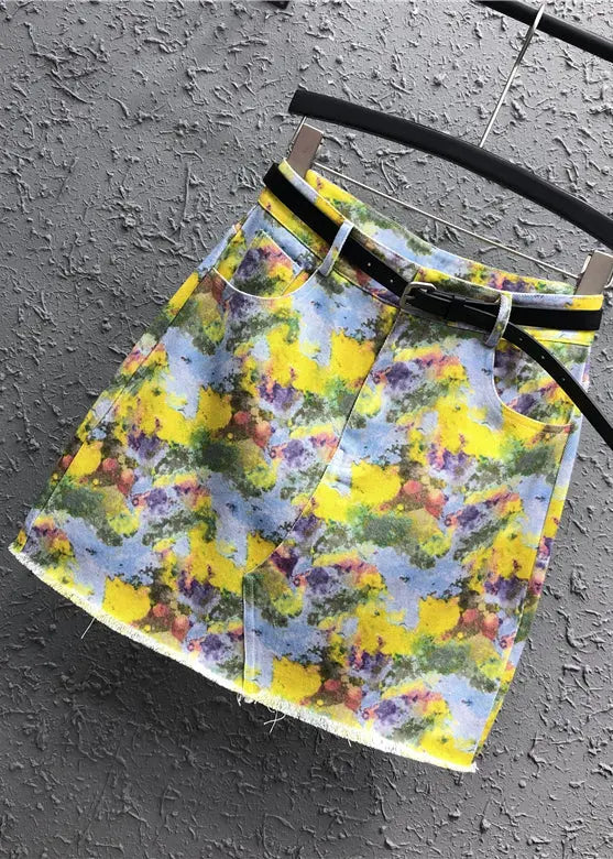 Handmade Yellow Print Pockets Patchwork Denim Skirt Summer Ada Fashion