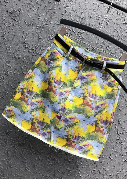 Handmade Yellow Print Pockets Patchwork Denim Skirt Summer Ada Fashion