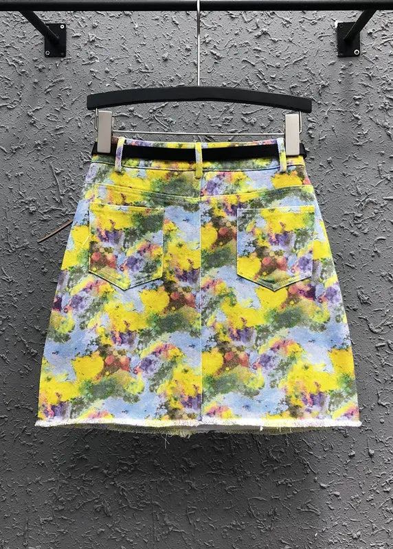 Handmade Yellow Print Pockets Patchwork Denim Skirt Summer Ada Fashion