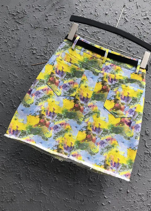 Handmade Yellow Print Pockets Patchwork Denim Skirt Summer Ada Fashion