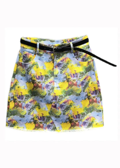 Handmade Yellow Print Pockets Patchwork Denim Skirt Summer Ada Fashion