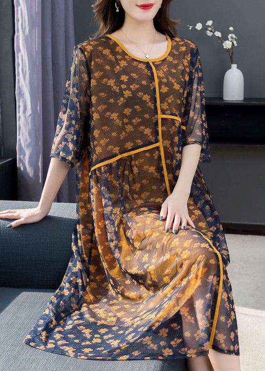 Handmade Yellow Print Wrinkled Patchwork Chiffon Dress Short Sleeve LY6504 - fabuloryshop