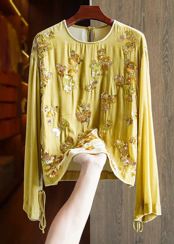 Handmade Yellow Sequins Lace Up Silk Velour Top Long Sleeve Ada Fashion