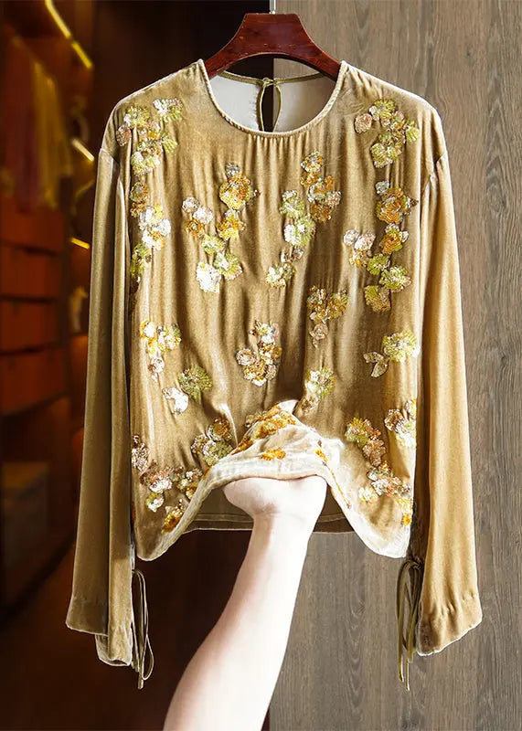 Handmade Yellow Sequins Lace Up Silk Velour Top Long Sleeve Ada Fashion