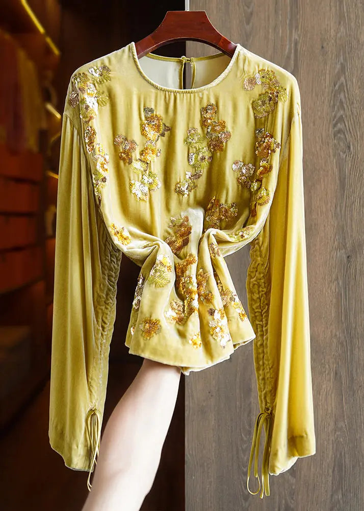 Handmade Yellow Sequins Lace Up Silk Velour Top Long Sleeve Ada Fashion