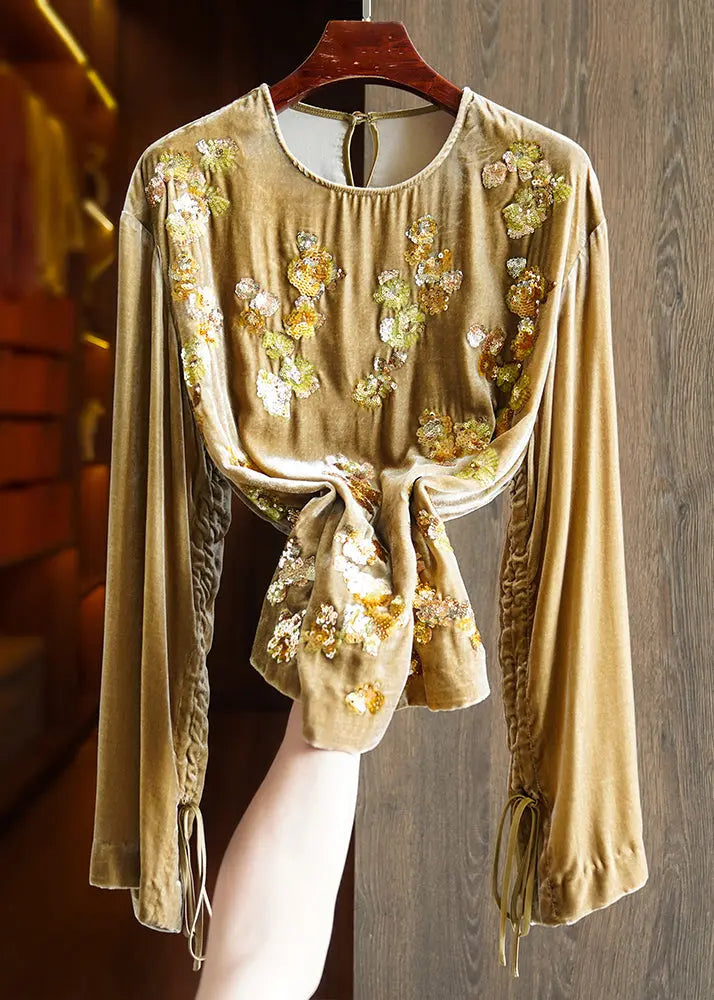 Handmade Yellow Sequins Lace Up Silk Velour Top Long Sleeve Ada Fashion