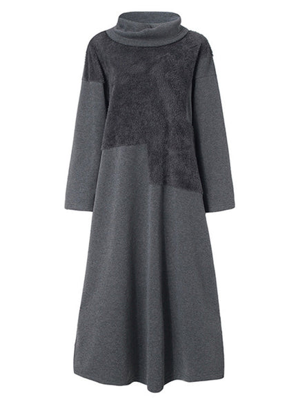 High Neck Grey Plush Panel Long Sleeved Dress Spring LC0048 - fabuloryshop