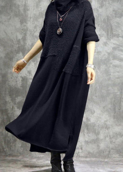 High Neck Grey Plush Panel Long Sleeved Dress Spring LC0048 - fabuloryshop