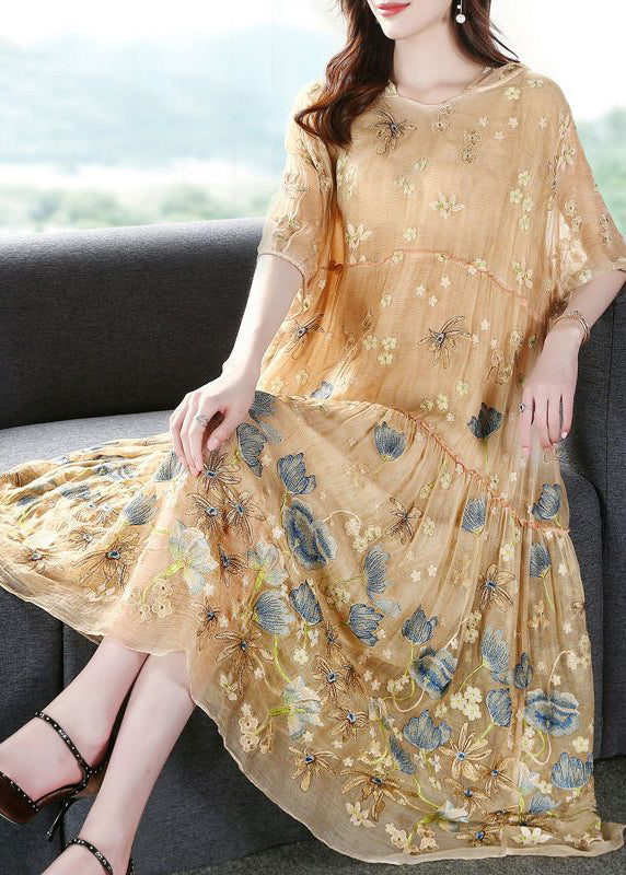 Italian Apricot Embroidered Hooded Extra Large Hem Silk Maxi Dresses Summer LY0734