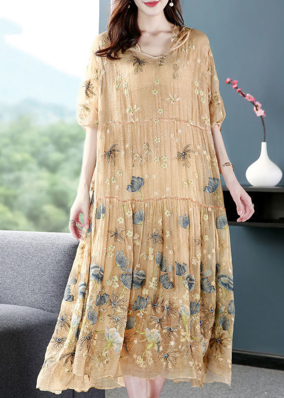 Italian Apricot Embroidered Hooded Extra Large Hem Silk Maxi Dresses Summer LY0734 - fabuloryshop