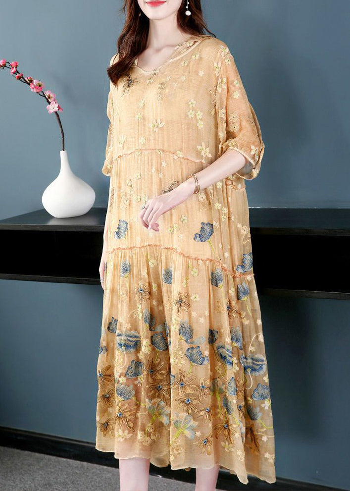 Italian Apricot Embroidered Hooded Extra Large Hem Silk Maxi Dresses Summer LY0734 - fabuloryshop