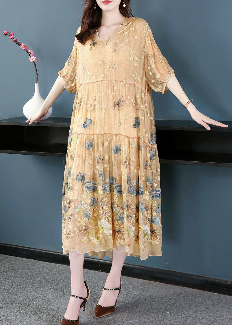 Italian Apricot Embroidered Hooded Extra Large Hem Silk Maxi Dresses Summer LY0734 - fabuloryshop