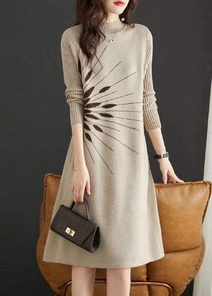 Italian Apricot O Neck Jacquard Zircon Patchwork Knit Dress Fall Ada Fashion