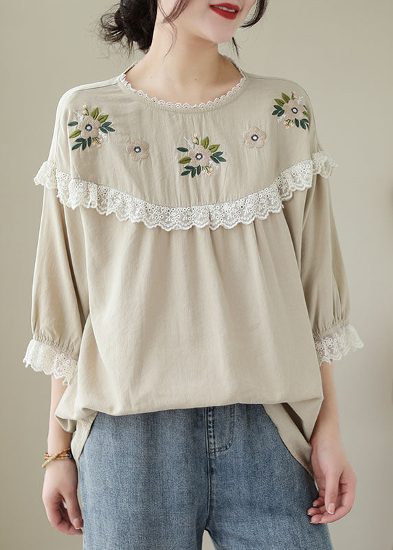 Italian Beige Embroideried Lace Patchwork Cotton T Shirt Tops Summer LY5290 - fabuloryshop