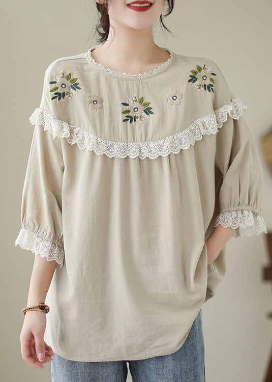 Italian Beige Embroideried Lace Patchwork Cotton T Shirt Tops Summer LY5290 - fabuloryshop