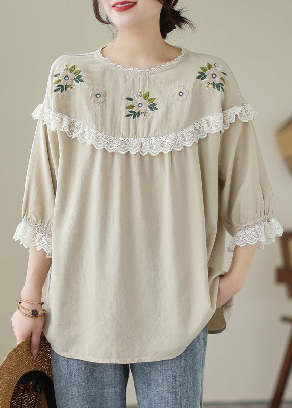 Italian Beige Embroideried Lace Patchwork Cotton T Shirt Tops Summer LY5290 - fabuloryshop