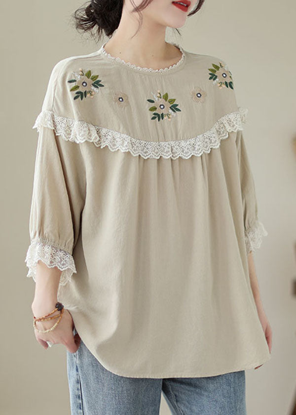 Italian Beige Embroideried Lace Patchwork Cotton T Shirt Tops Summer LY5290 - fabuloryshop