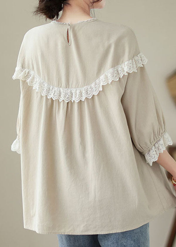 Italian Beige Embroideried Lace Patchwork Cotton T Shirt Tops Summer LY5290 - fabuloryshop