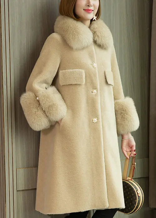 Italian Beige Fox Collar Pockets Woolen Coats Long Sleeve Ada Fashion