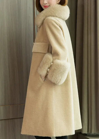 Italian Beige Fox Collar Pockets Woolen Coats Long Sleeve Ada Fashion