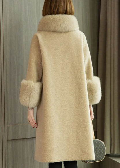 Italian Beige Fox Collar Pockets Woolen Coats Long Sleeve Ada Fashion