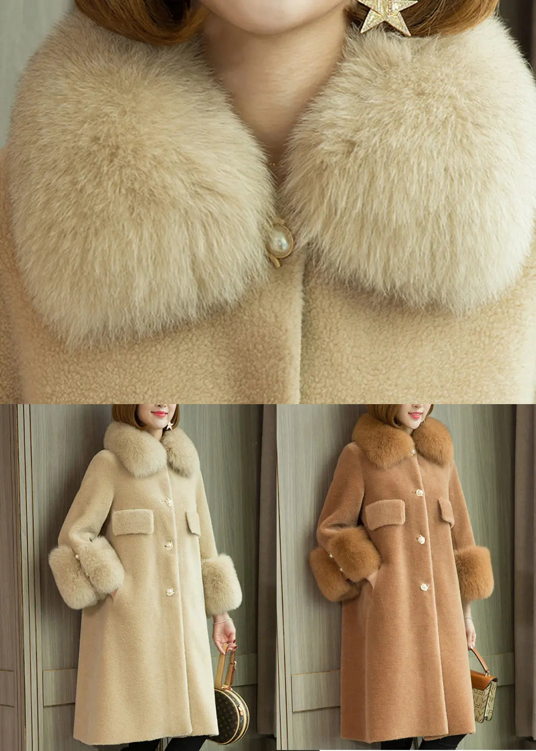 Italian Beige Fox Collar Pockets Woolen Coats Long Sleeve Ada Fashion