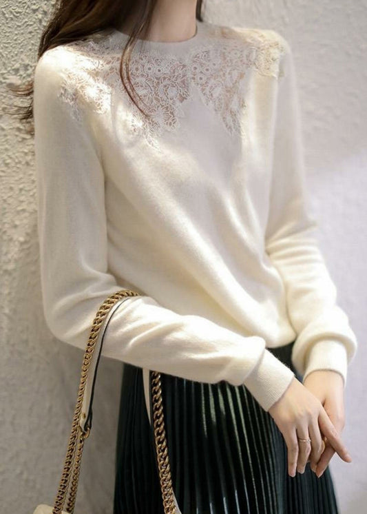 Beige O Neck Hollow Out Patchwork Knit Top Fall