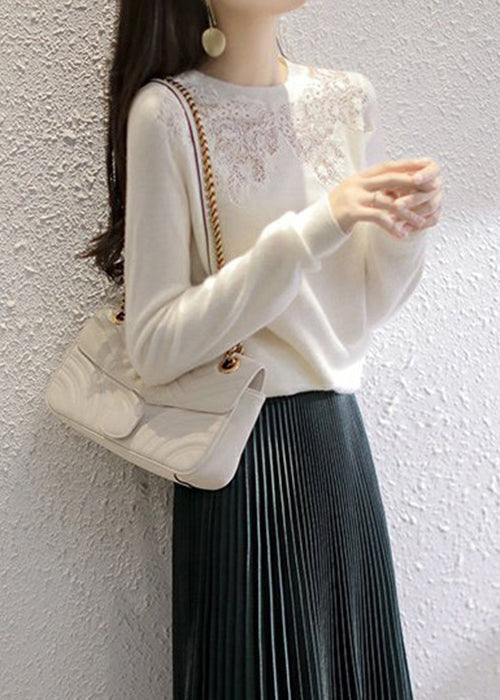 Beige O Neck Hollow Out Patchwork Knit Top Fall