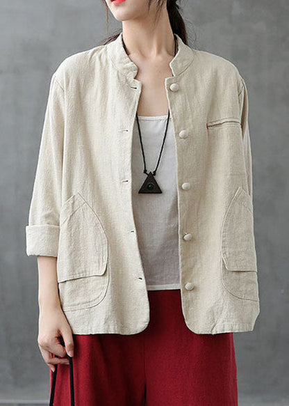 Italian Beige Stand Collar Pockets Patchwork Linen Coats Spring LY6220 - fabuloryshop