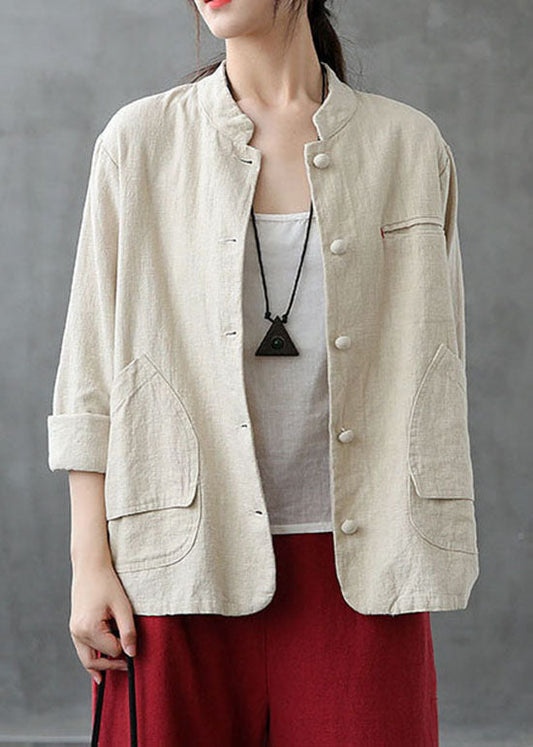 Italian Beige Stand Collar Pockets Patchwork Linen Coats Spring LY6220 - fabuloryshop