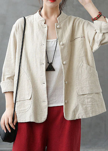 Italian Beige Stand Collar Pockets Patchwork Linen Coats Spring LY6220 - fabuloryshop