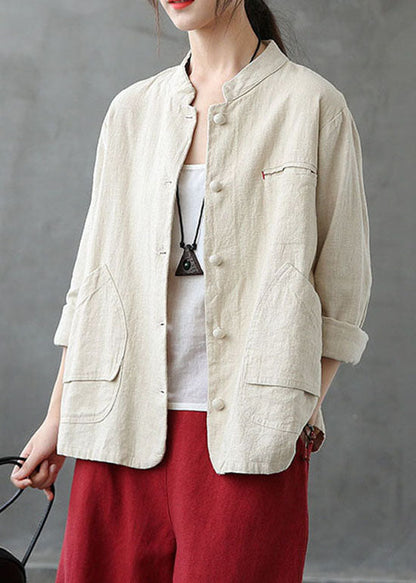 Italian Beige Stand Collar Pockets Patchwork Linen Coats Spring LY6220 - fabuloryshop