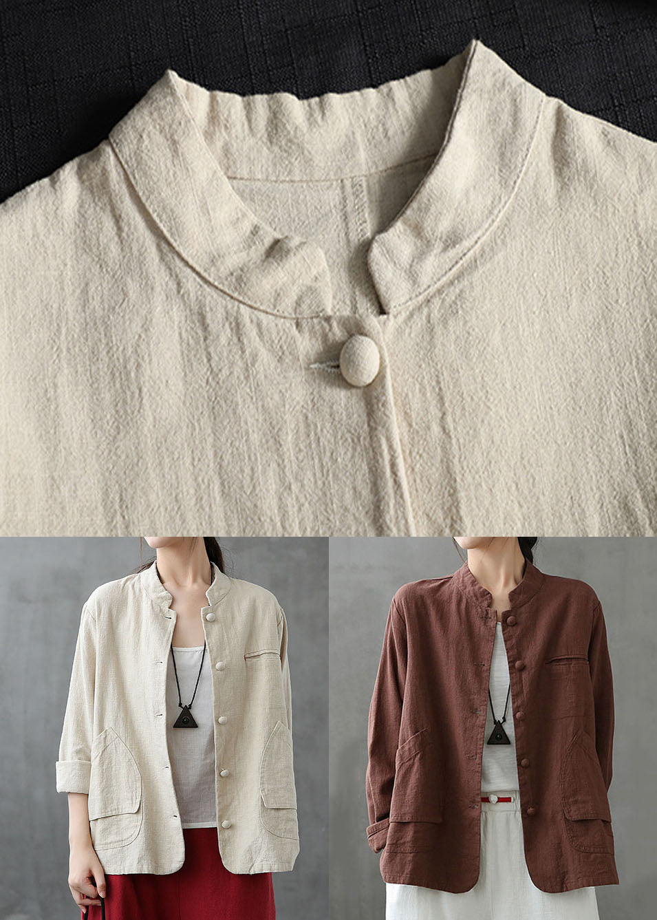 Italian Beige Stand Collar Pockets Patchwork Linen Coats Spring LY6220 - fabuloryshop