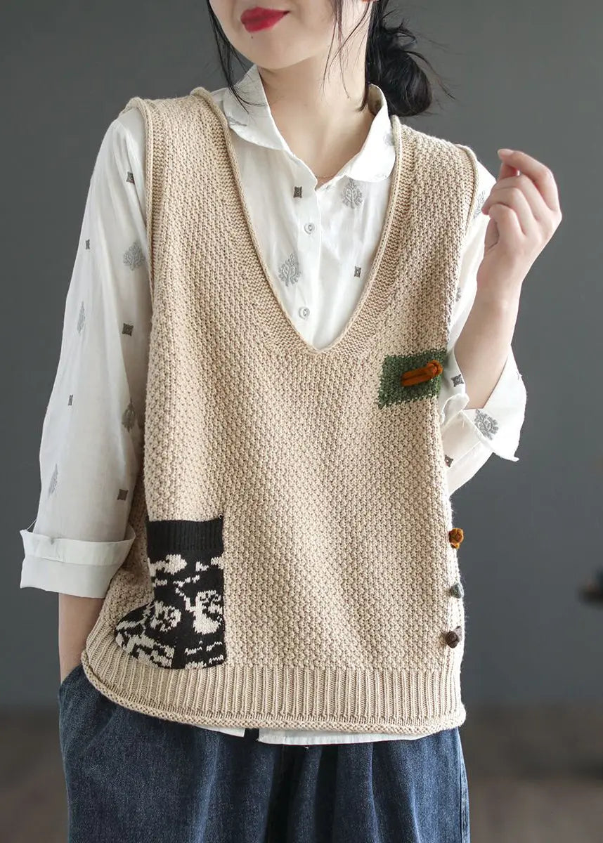 Italian Beige V Neck Patchwork Cozy Cotton Knit Waistcoat Sleeveless Ada Fashion