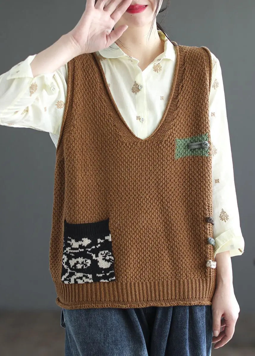 Italian Beige V Neck Patchwork Cozy Cotton Knit Waistcoat Sleeveless Ada Fashion