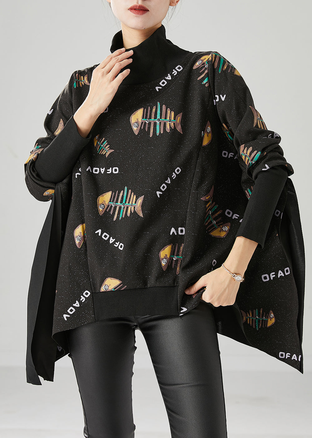 Italian Black Asymmetrical Design Fishbone Print Cotton Loose Sweatshirt Fall Ada Fashion