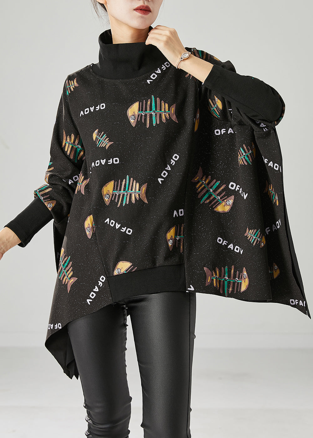 Italian Black Asymmetrical Design Fishbone Print Cotton Loose Sweatshirt Fall Ada Fashion