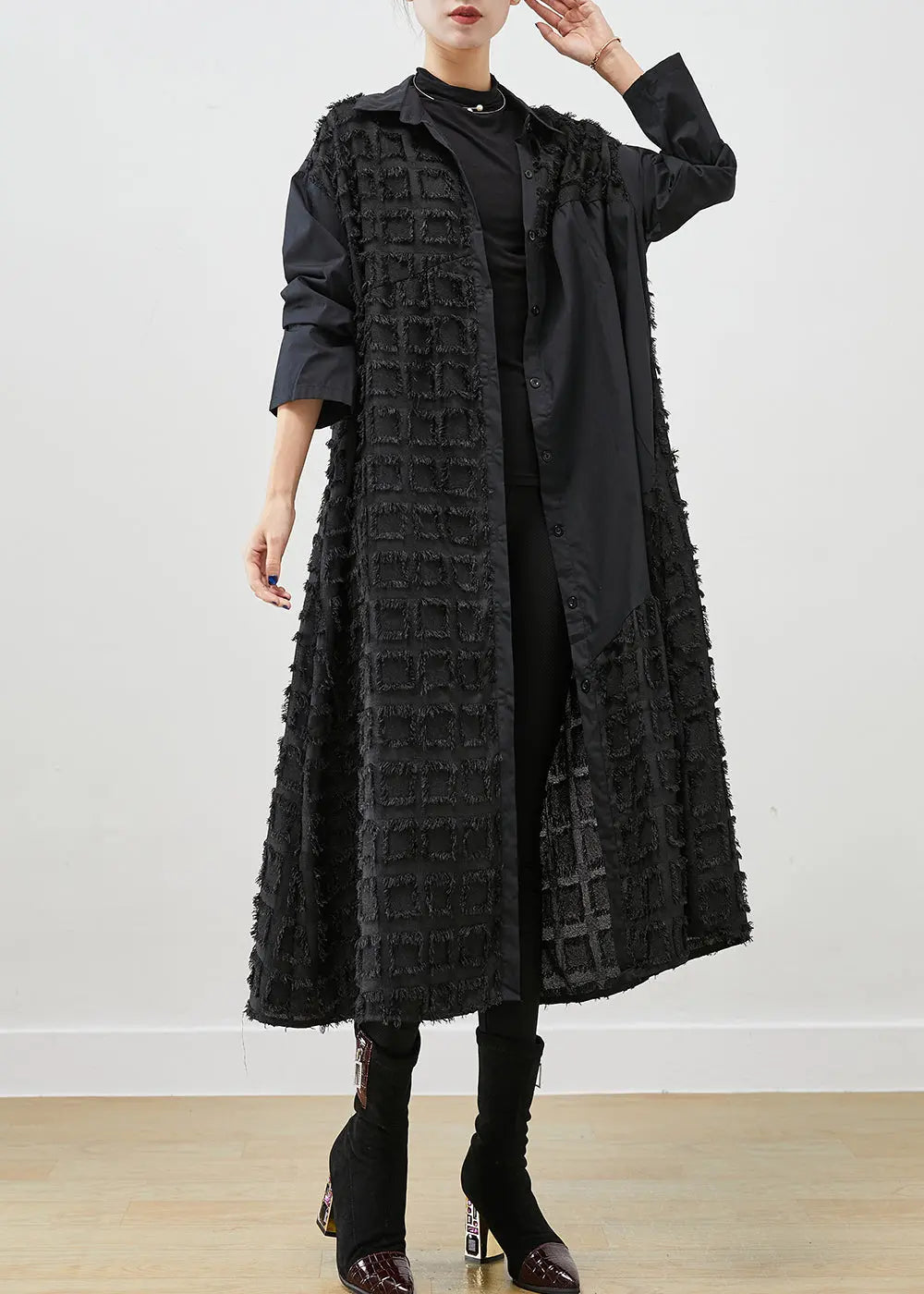 Italian Black Asymmetrical Patchwork Plaid Cotton Shirt Dress Fall Ada Fashion