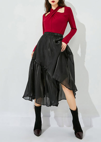 Italian Black Asymmetrical Patchwork Wrinkled Tulle Skirts Summer LY0852 - fabuloryshop