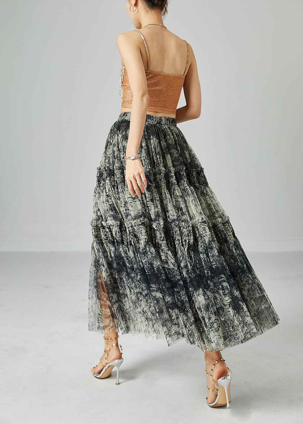Italian Black Elastic Waist Tie Dye Wrinkled Tulle Skirts Summer LY2421
