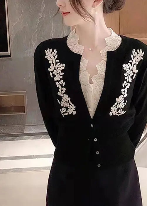 Italian Black Embroideried Button Patchwork Cotton Knit Cardigan Fall Ada Fashion