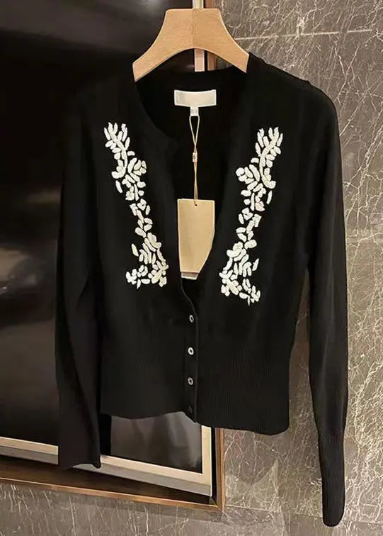 Italian Black Embroideried Button Patchwork Cotton Knit Cardigan Fall Ada Fashion