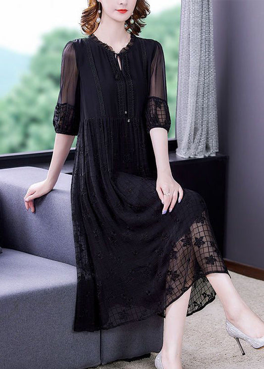 Italian Black Embroideried Lace Up Hollow Out Silk Dress Short Sleeve LY0500 - fabuloryshop