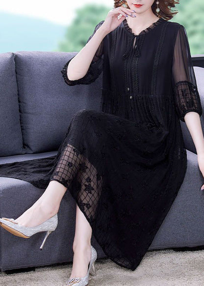 Italian Black Embroideried Lace Up Hollow Out Silk Dress Short Sleeve LY0500 - fabuloryshop