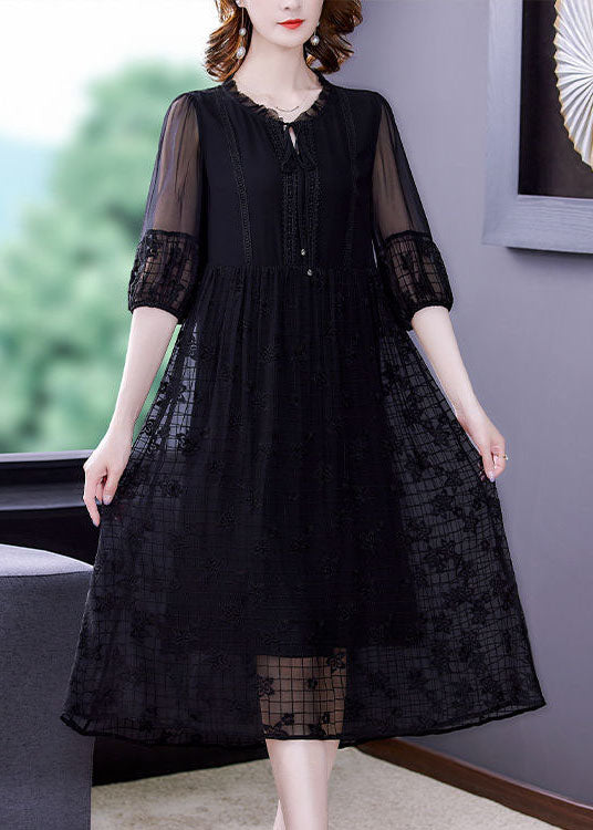 Italian Black Embroideried Lace Up Hollow Out Silk Dress Short Sleeve LY0500