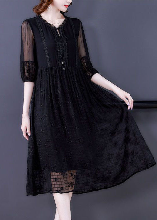 Italian Black Embroideried Lace Up Hollow Out Silk Dress Short Sleeve LY0500 - fabuloryshop