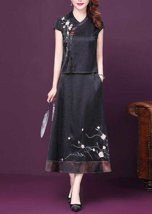 Italian Black Embroideried Patchwork Tops And Skirts Silk Two-Piece Summer LY4664 - fabuloryshop