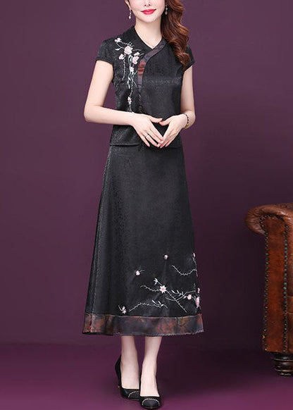 Italian Black Embroideried Patchwork Tops And Skirts Silk Two-Piece Summer LY4664 - fabuloryshop