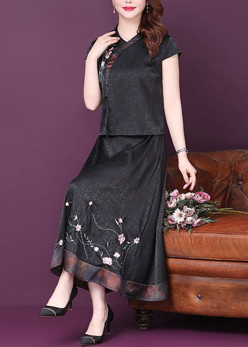 Italian Black Embroideried Patchwork Tops And Skirts Silk Two-Piece Summer LY4664 - fabuloryshop